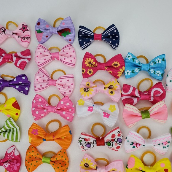 50pc Bulk Lot Mini Grosgrain Ribbon Hair Bows Small Elastic Bands Pet Grooming - Picture 4 of 8